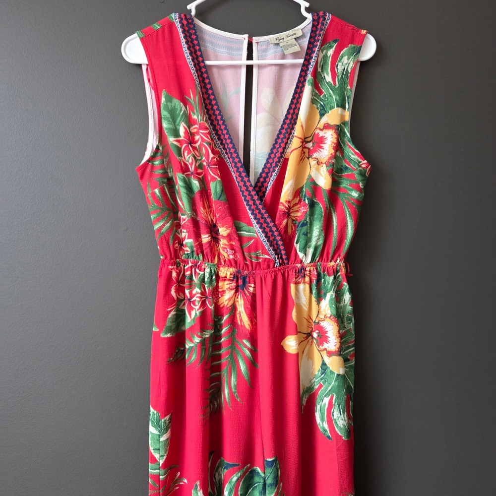 Flying Tomato Red Tropical Floral Wide Leg Jumpsuit V-Neck Boho Medium - Picture 2 of 11